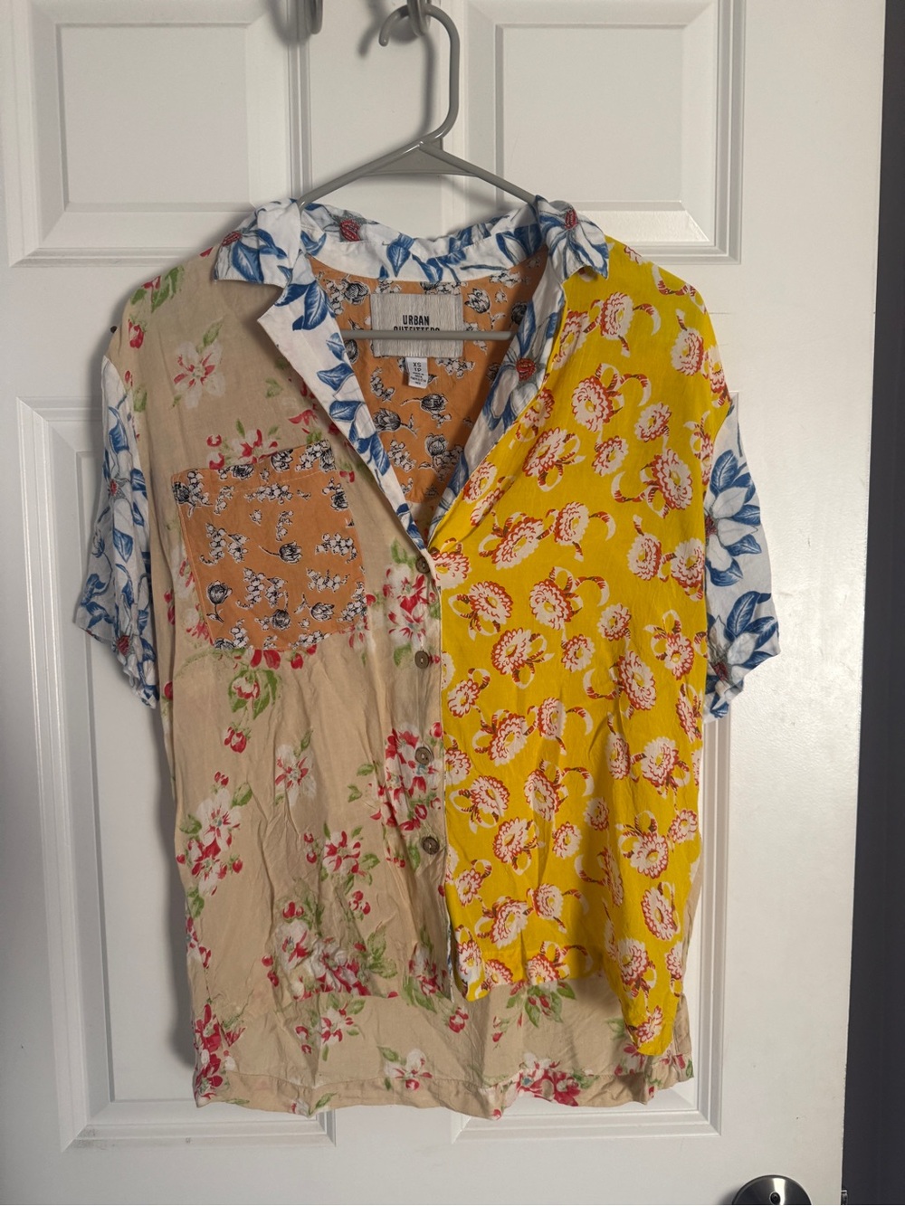 Urban Outfitters Floral Patchwork Button-Up Shirt - Orange, Blue, White